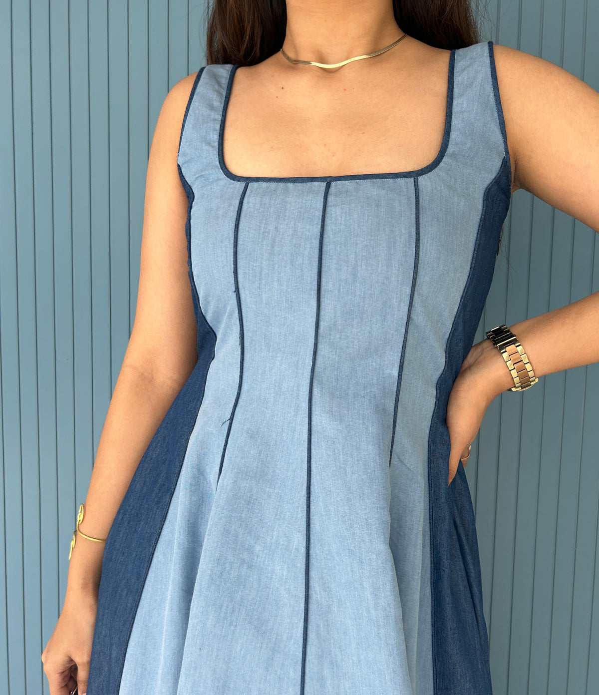 Dual Denim Dress, denim maxi dress for women by Siyra, view 7