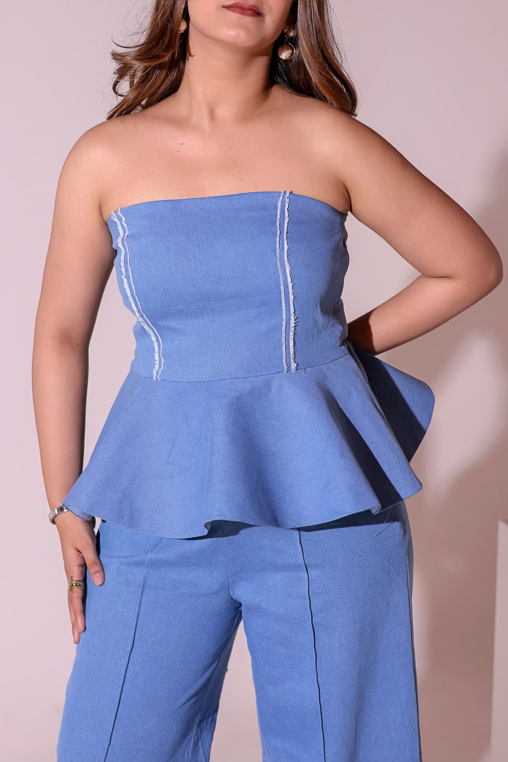 Leher Peplum Denim Top, denim peplum top for women by Siyra
