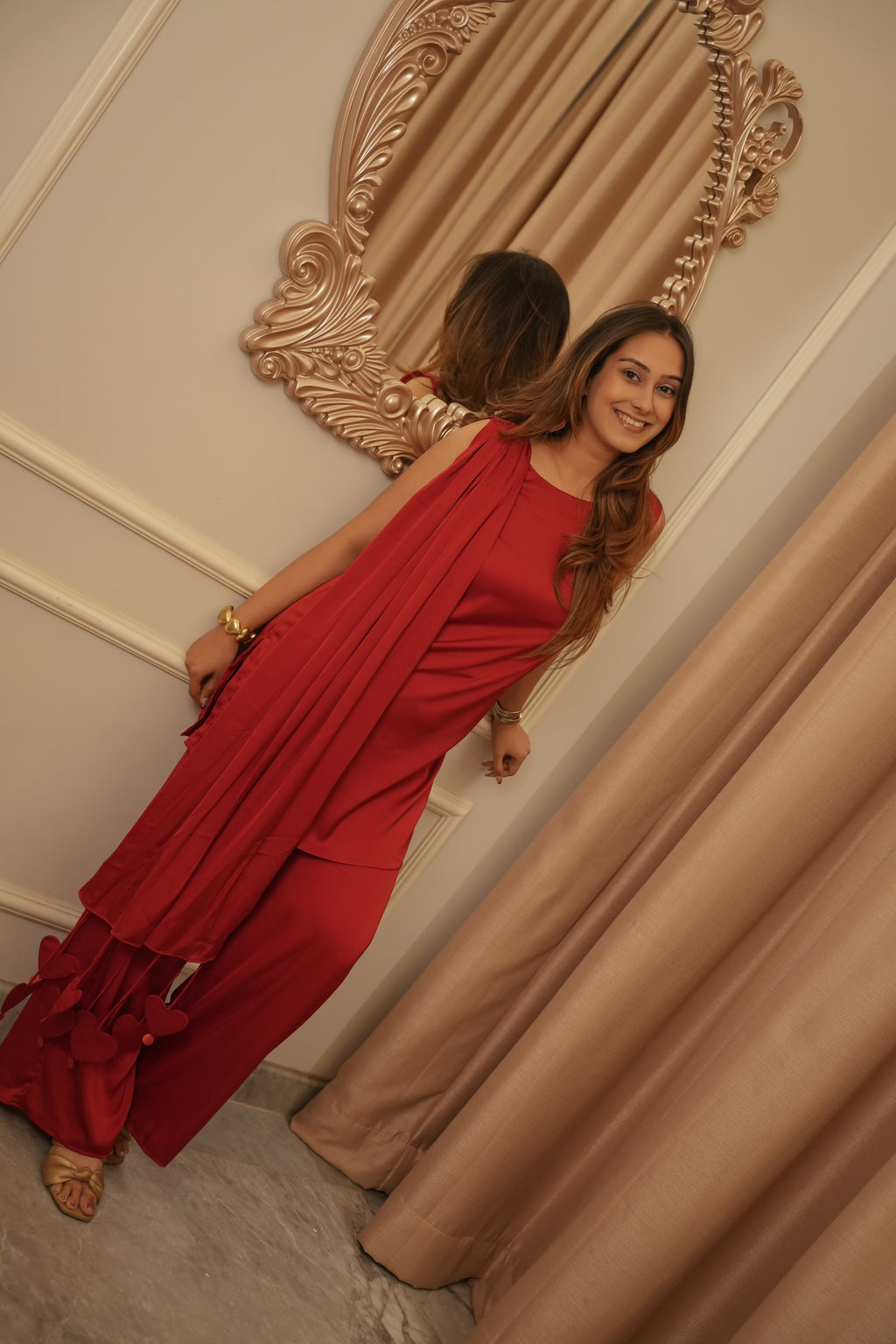 Laal Ishq Set, red satin co-ord set for women by Siyra, view 3