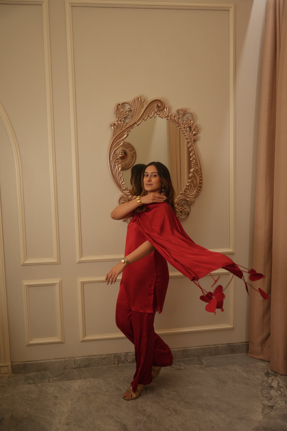 Laal Ishq Set, red satin co-ord set for women by Siyra