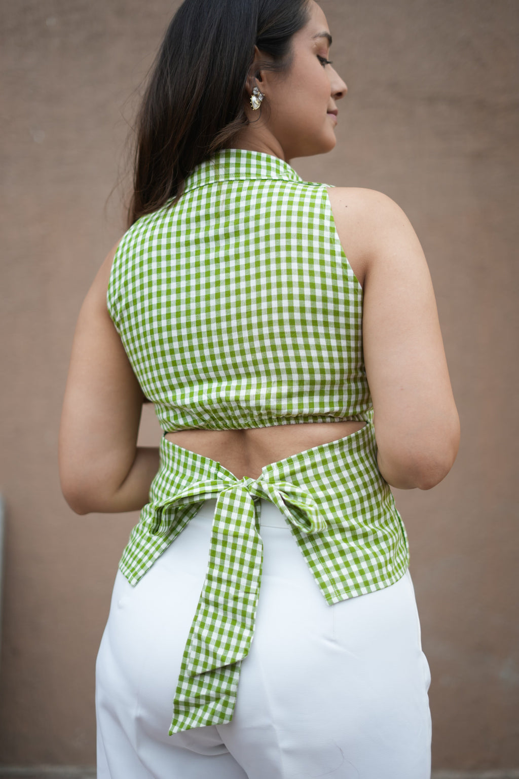 Matcha Gingham Top, green gingham top for women by Siyra, view 3