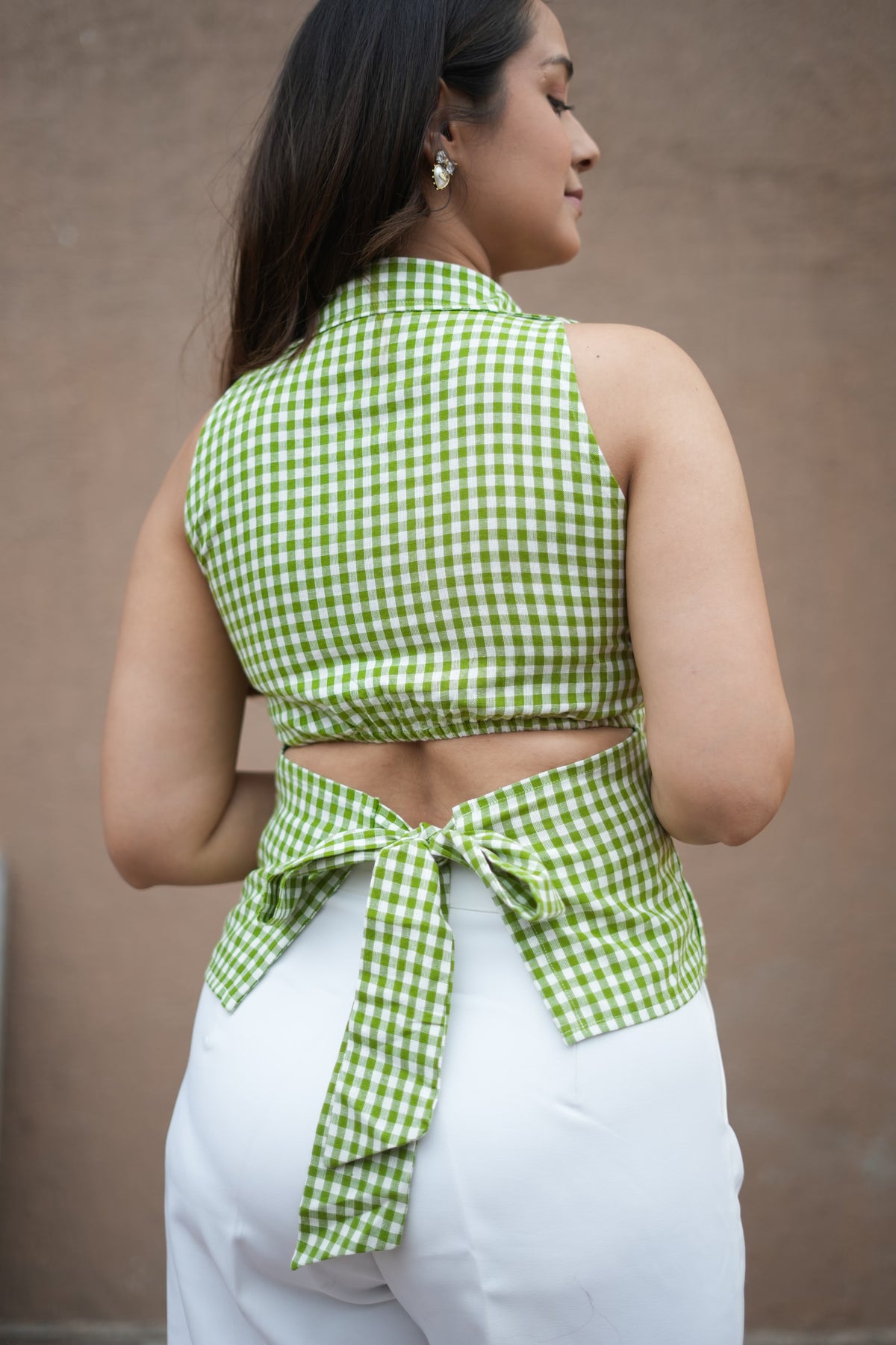 Matcha Gingham Top, green gingham top for women by Siyra, view 3