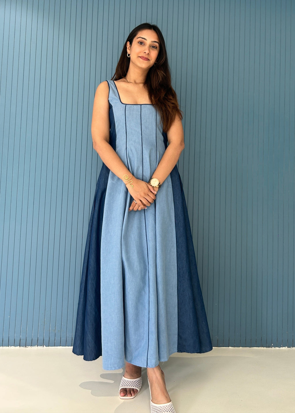 Dual Denim Dress, denim maxi dress for women by Siyra, view 5