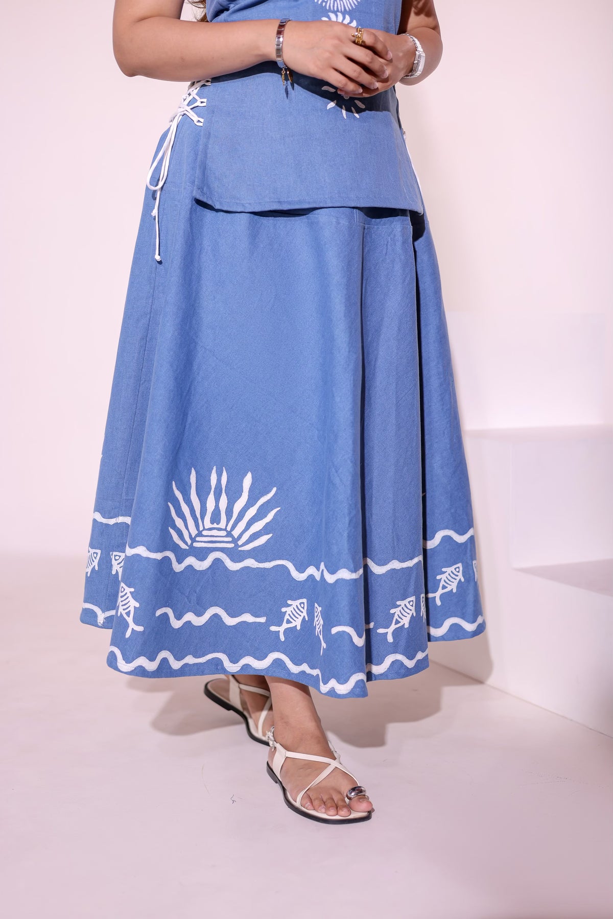 Dariya Block Denim Skirt, block print denim skirt for women by Siyra, view 2