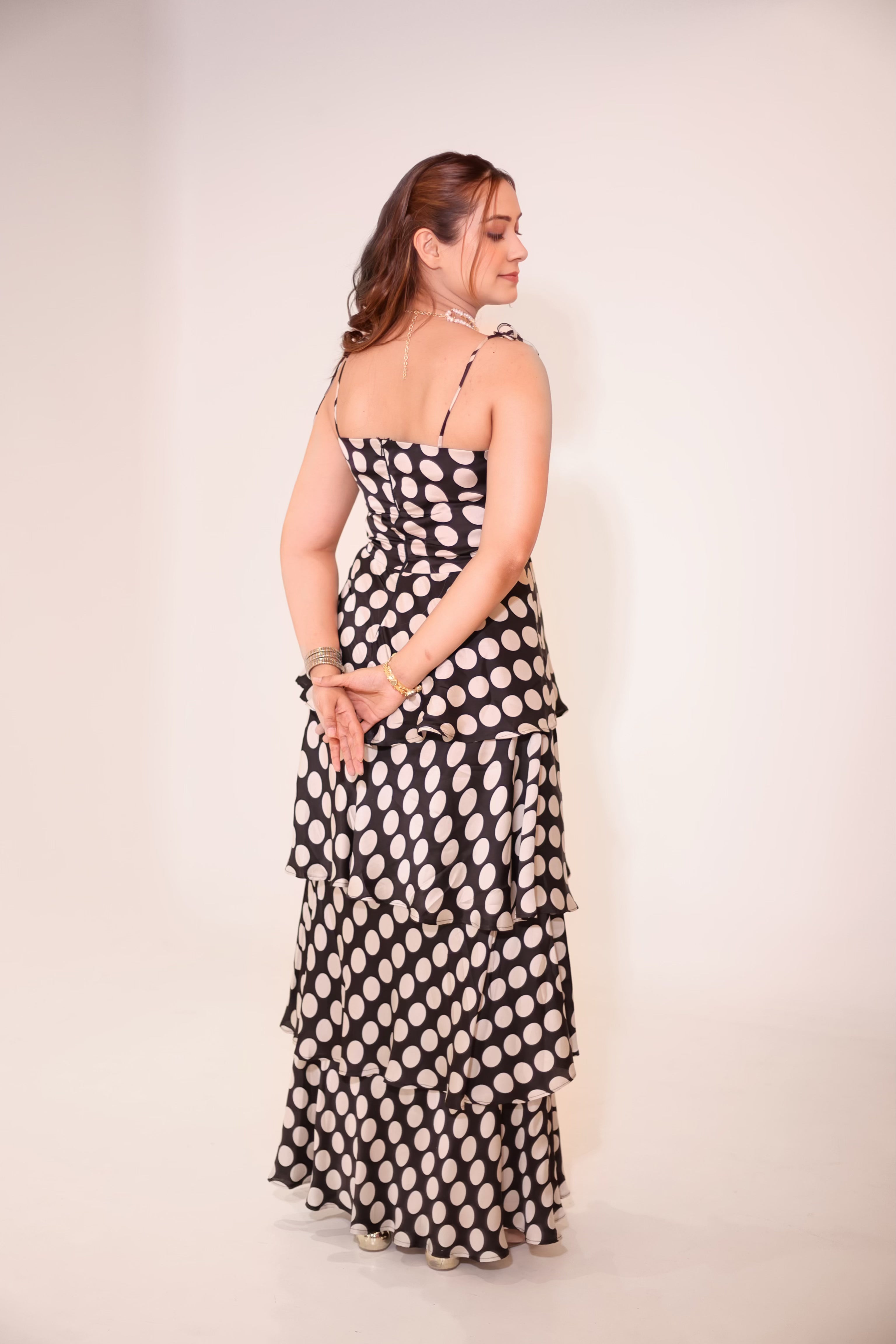 Tierra Polka Dress, polka dot tiered maxi dress for women by Siyra, view 3